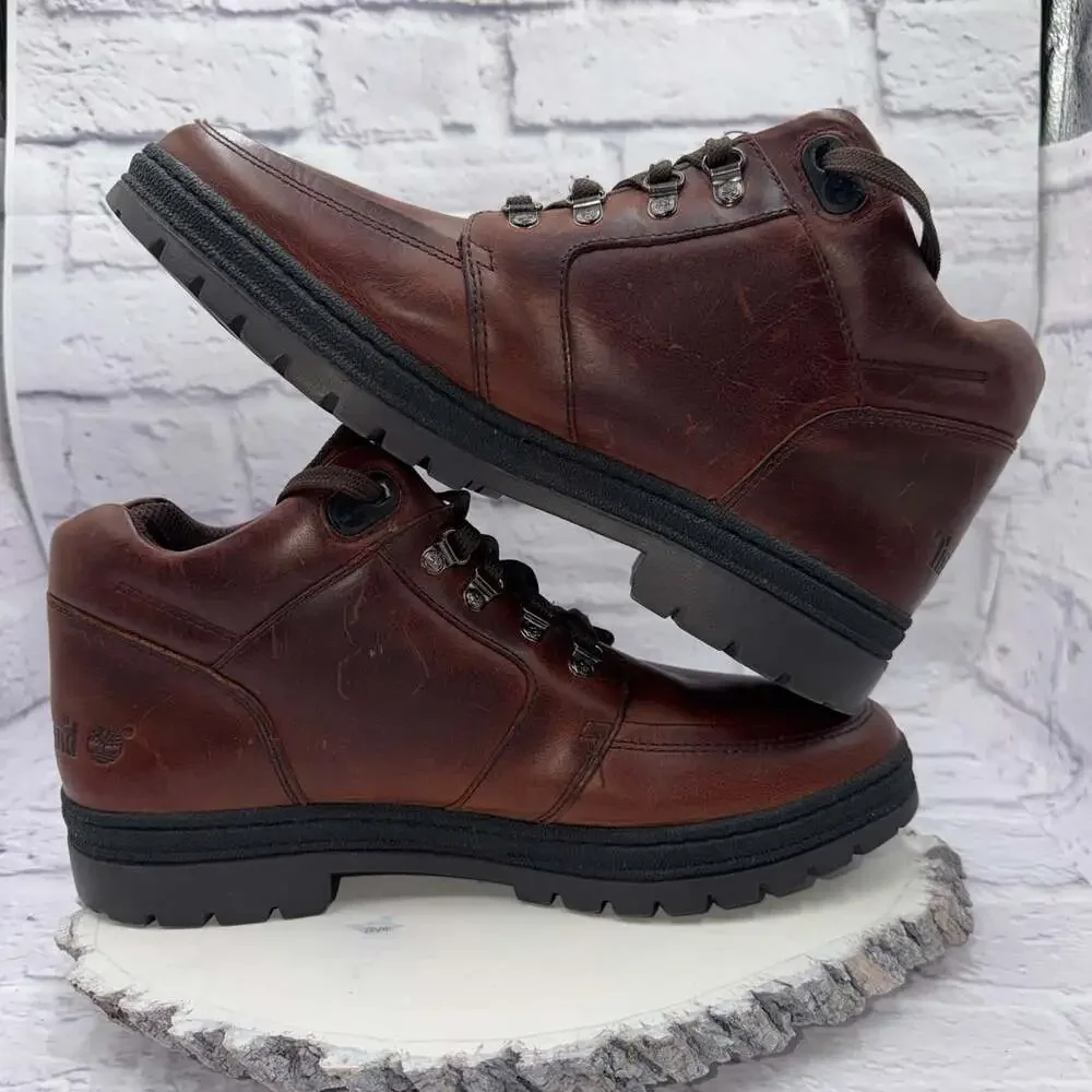Vintage Mens Timberland All Leather Lug Boots Mahogany Brown Lace Up Size 13